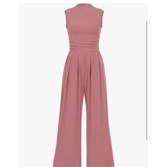 NEW Pink Jumpsuit Sleeveless Mock Neck Wide Leg Ribbed Pockets L - Picture 1 of 6
